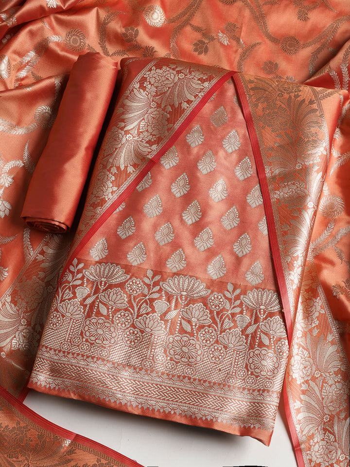 Woven Banarasi Chanderi Unstitched Suit With Dupatta