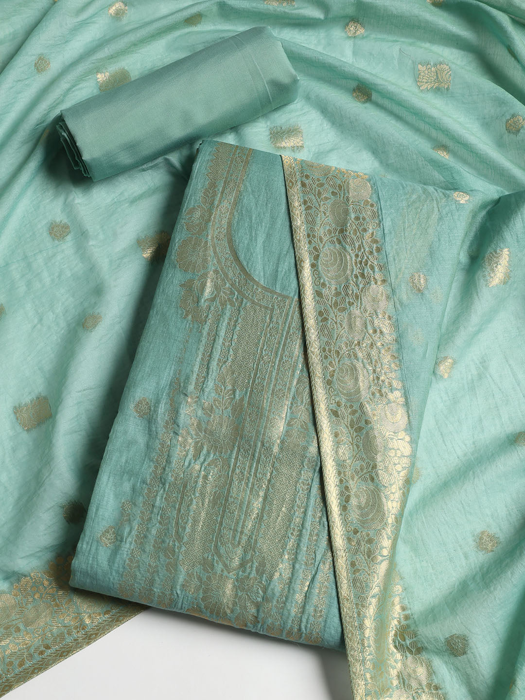 Woven Neck Chanderi Unstitched Suit With Dupatta