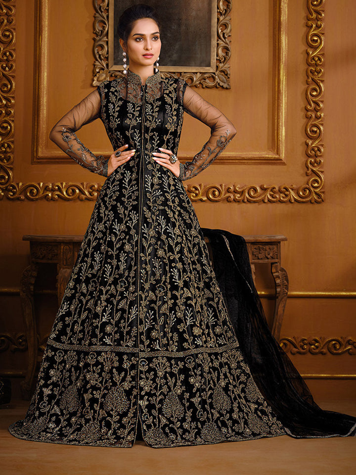Embroidered Net Semi Stitched Suit With Pant &amp; Dupatta