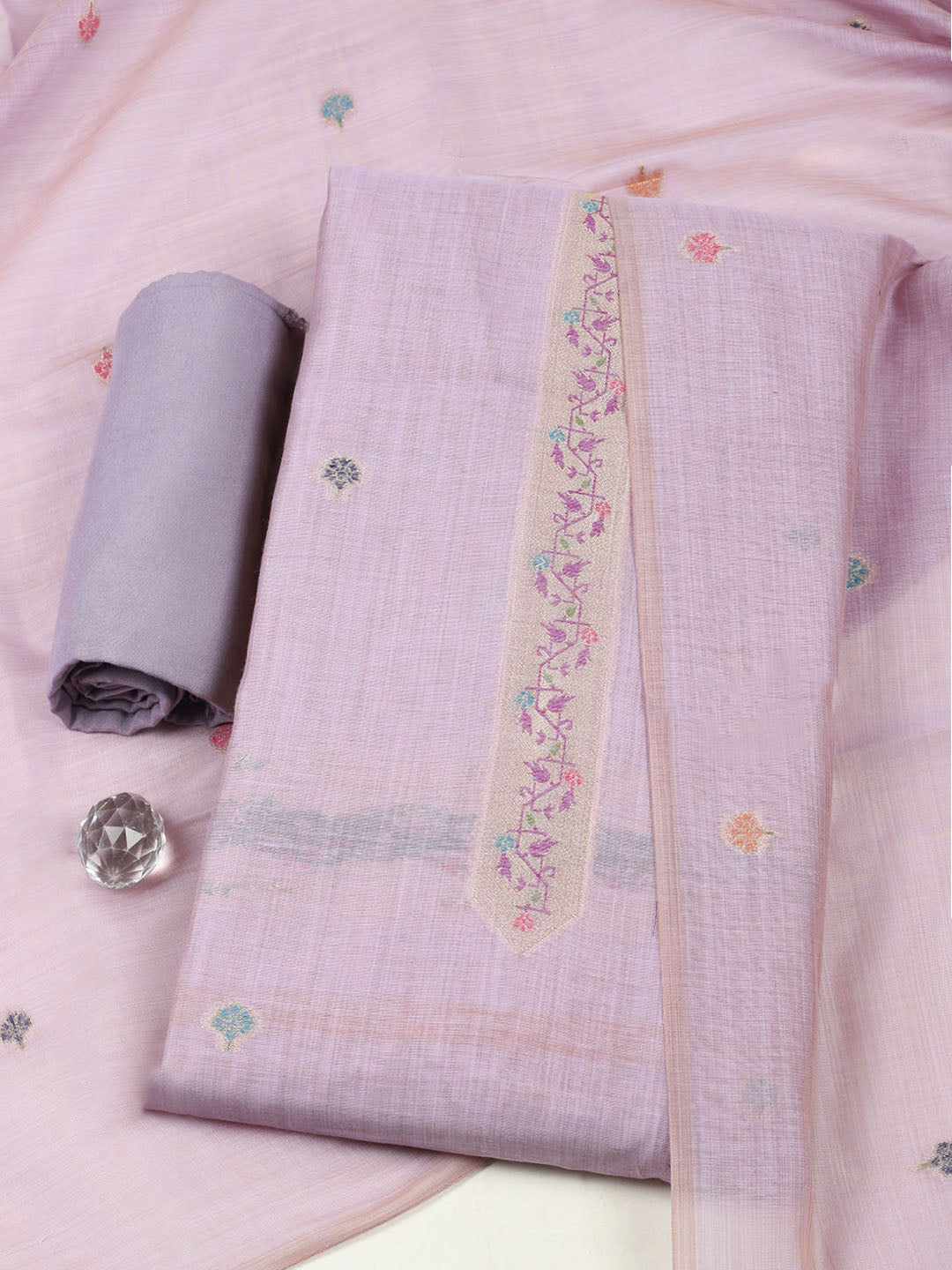Embroidered Chanderi Unstitched Suit With Pant &amp; Dupatta