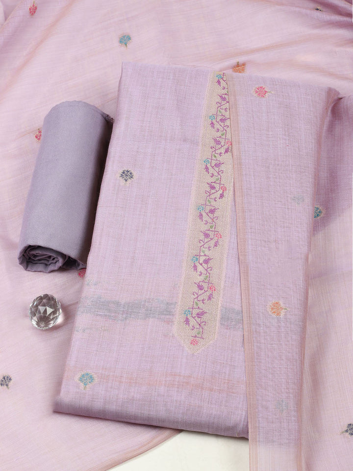 Embroidered Chanderi Unstitched Suit With Pant &amp; Dupatta