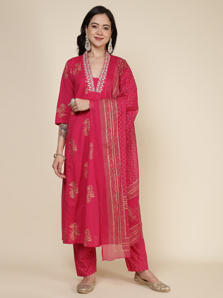 Printed Cotton Blend Kurta With Pants &amp; Dupatta