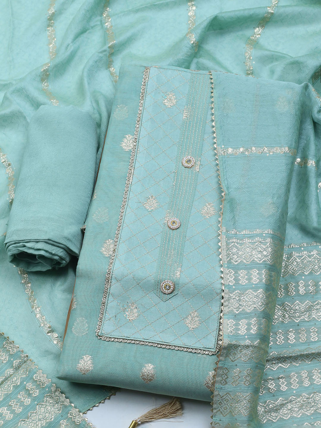 Zari Embroidered Chanderi Unstitched Suit With Dupatta