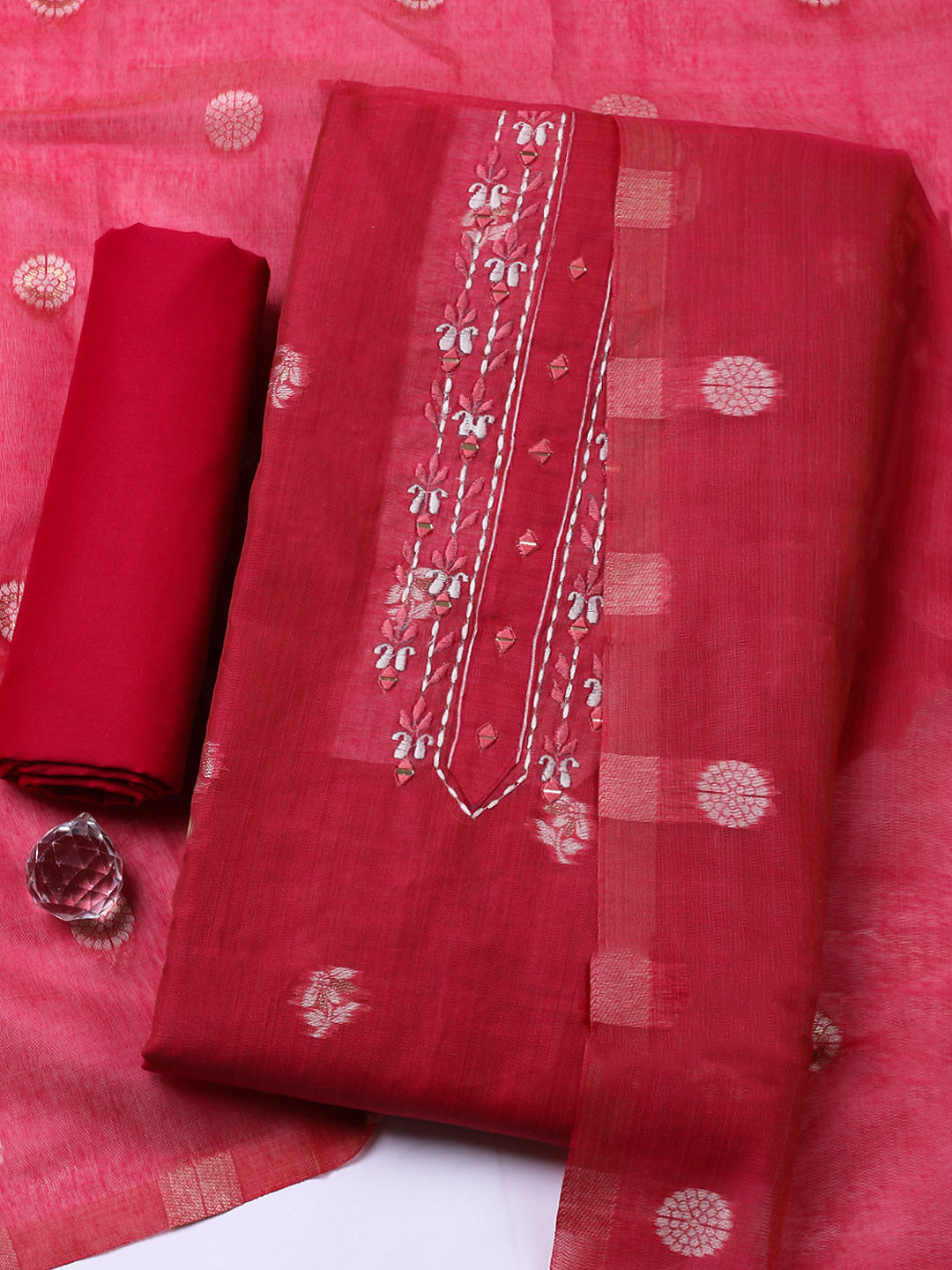 Embroidered Cotton Blend Unstitched Suit With Pant &amp; Dupatta