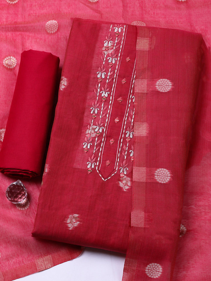 Embroidered Cotton Blend Unstitched Suit With Pant &amp; Dupatta