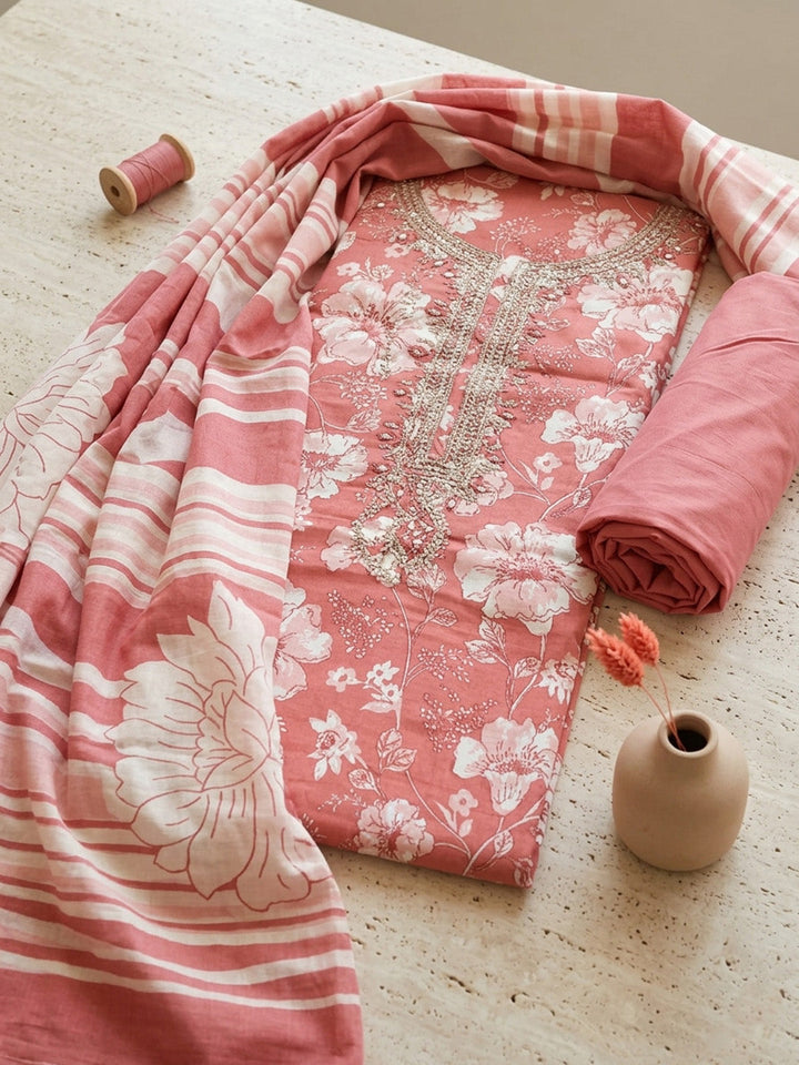 Embroidered Cotton Blend Unstitched Suit With Pant &amp; Dupatta