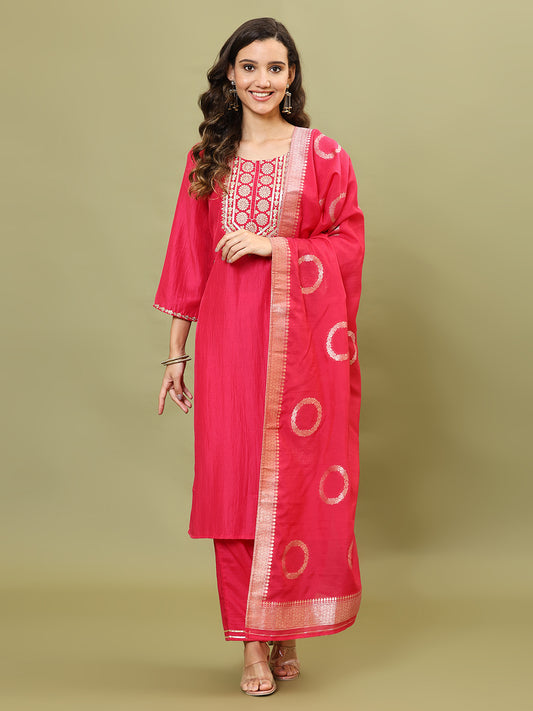 Neck Embroidery Cotton Blend Kurta With Pants & Dupatta