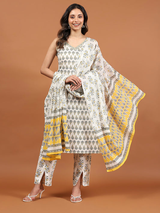 Printed Cotton Blend Kurta With Pants & Dupatta