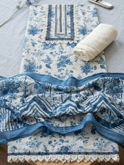 Printed Cotton Blend Unstitched Suit With Pant & Dupatta