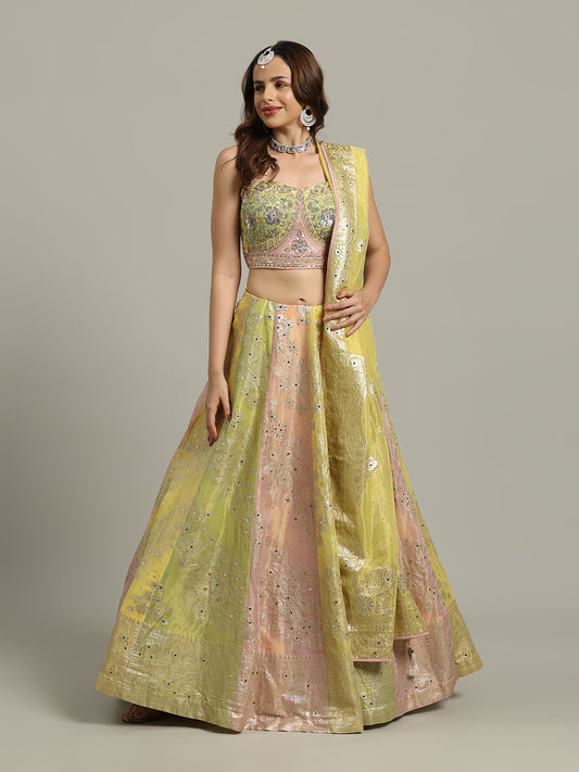 Multi Kali Tissue Choli With Lehenga & Dupatta