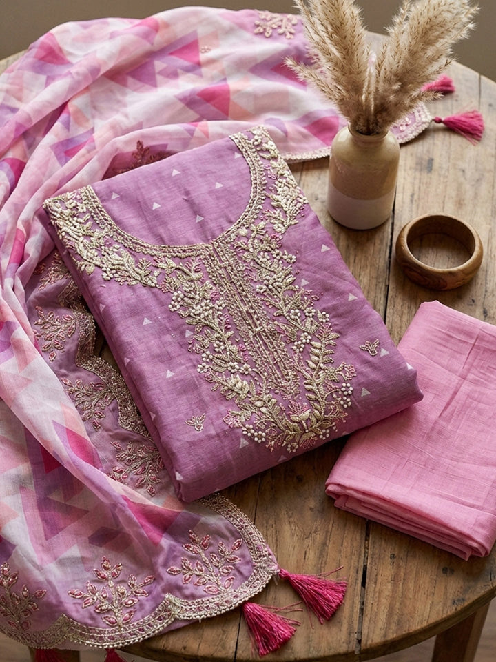 Embroidered Chanderi Unstitched Suit With Pant &amp; Dupatta