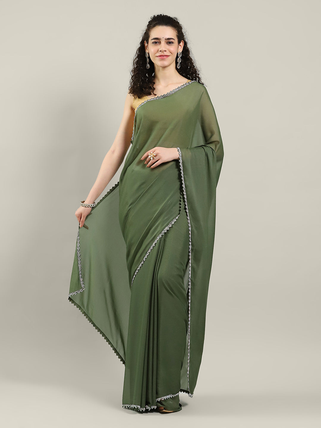 Plain Lace Border Georgette Saree