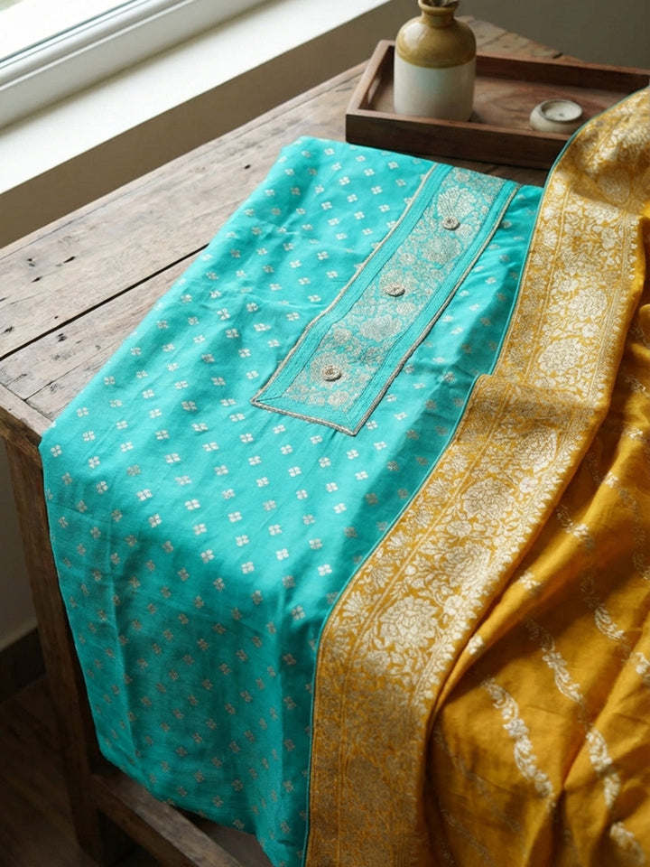 Woven Design Chanderi Unstitched Suit With Pant &amp; Dupatta