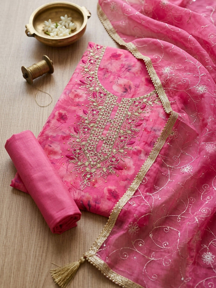 Embroidered Tissue Unstitched Suit With Pant &amp; Dupatta