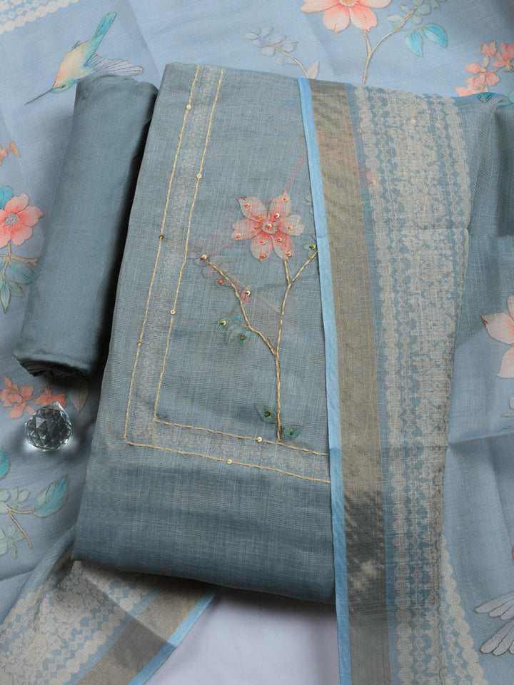 Printed Linen Blend Unstitched Suit With Pant &amp; Dupatta