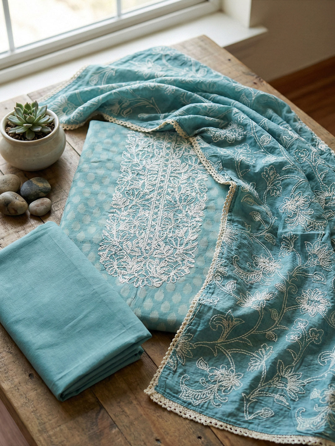 Printed Cotton Blend Unstitched Suit With Pant &amp; Dupatta