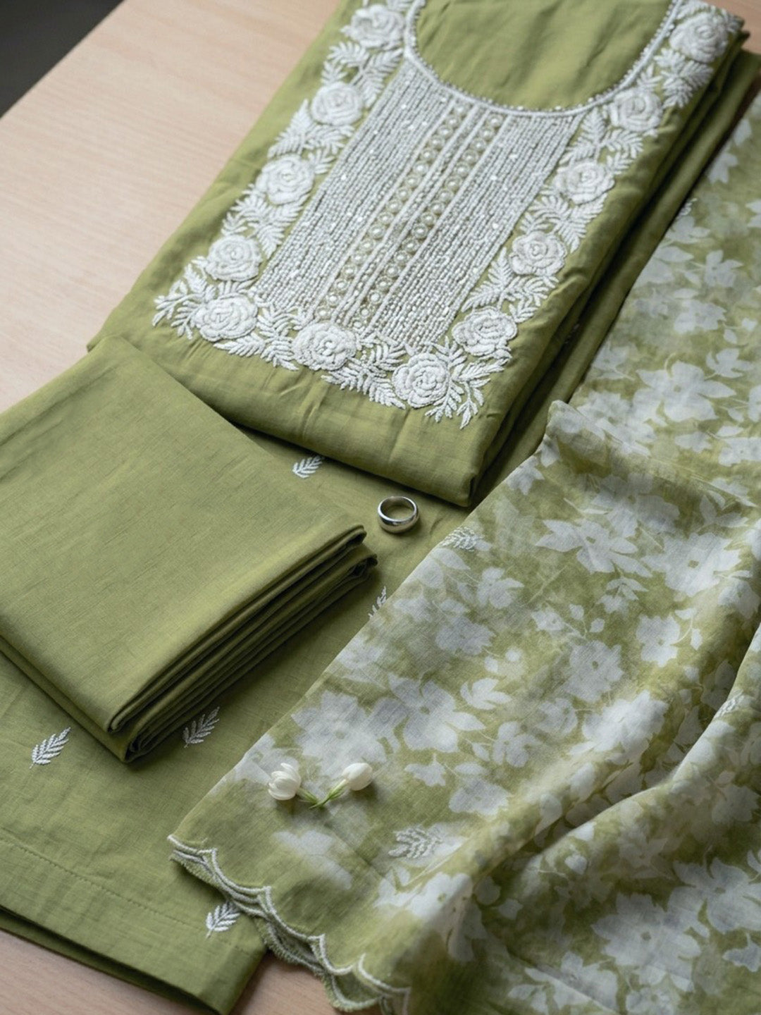 Embroidered Chanderi Unstitched Suit With Pant &amp; Dupatta