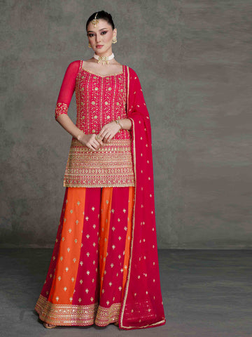 Zari Jaal Embroidery Georgette Kurta With Sharara & Dupatta