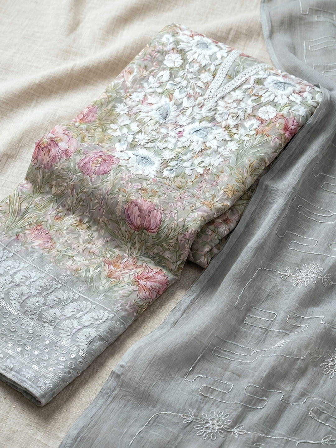 Neck Embroidered Cotton Blend Unstitched Suit With Dupatta