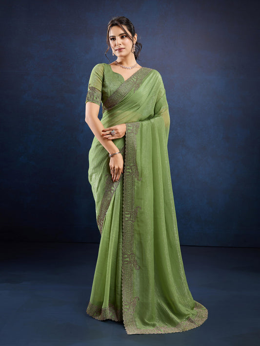 Stone Embroidery Chinon Saree