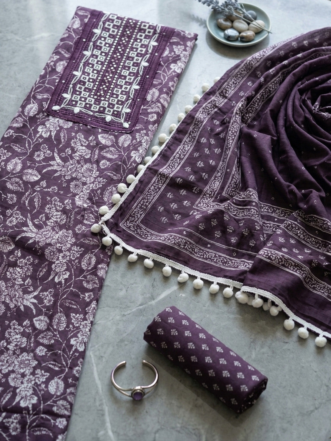 Embroidered Cotton Blend Unstitched Suit With Pant &amp; Dupatta