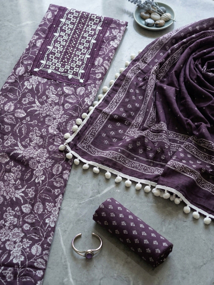 Embroidered Cotton Blend Unstitched Suit With Pant &amp; Dupatta