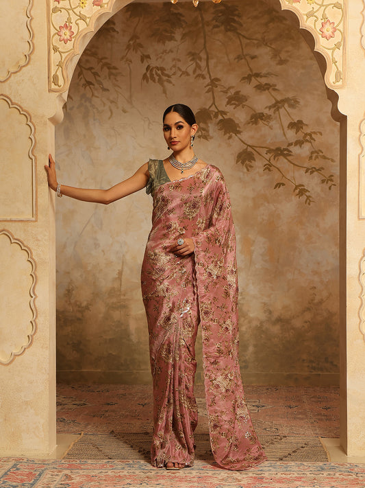 Floral Printed & Sequin Embroidery Organza Tissue Saree