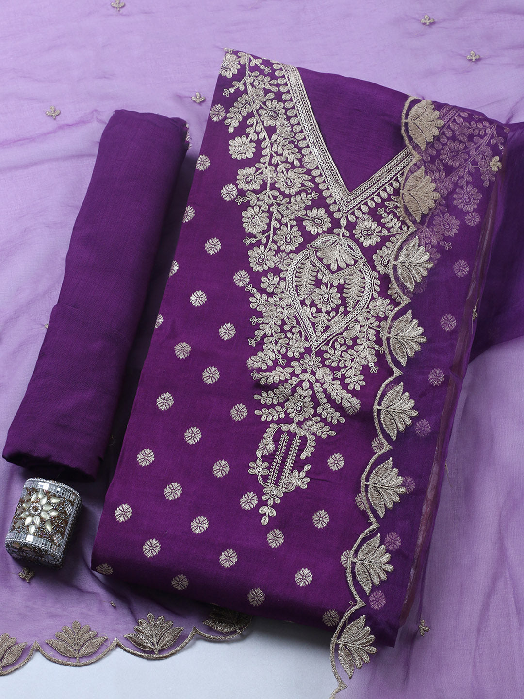 Embroidered Chanderi Unstitched Suit With Pant &amp; Dupatta
