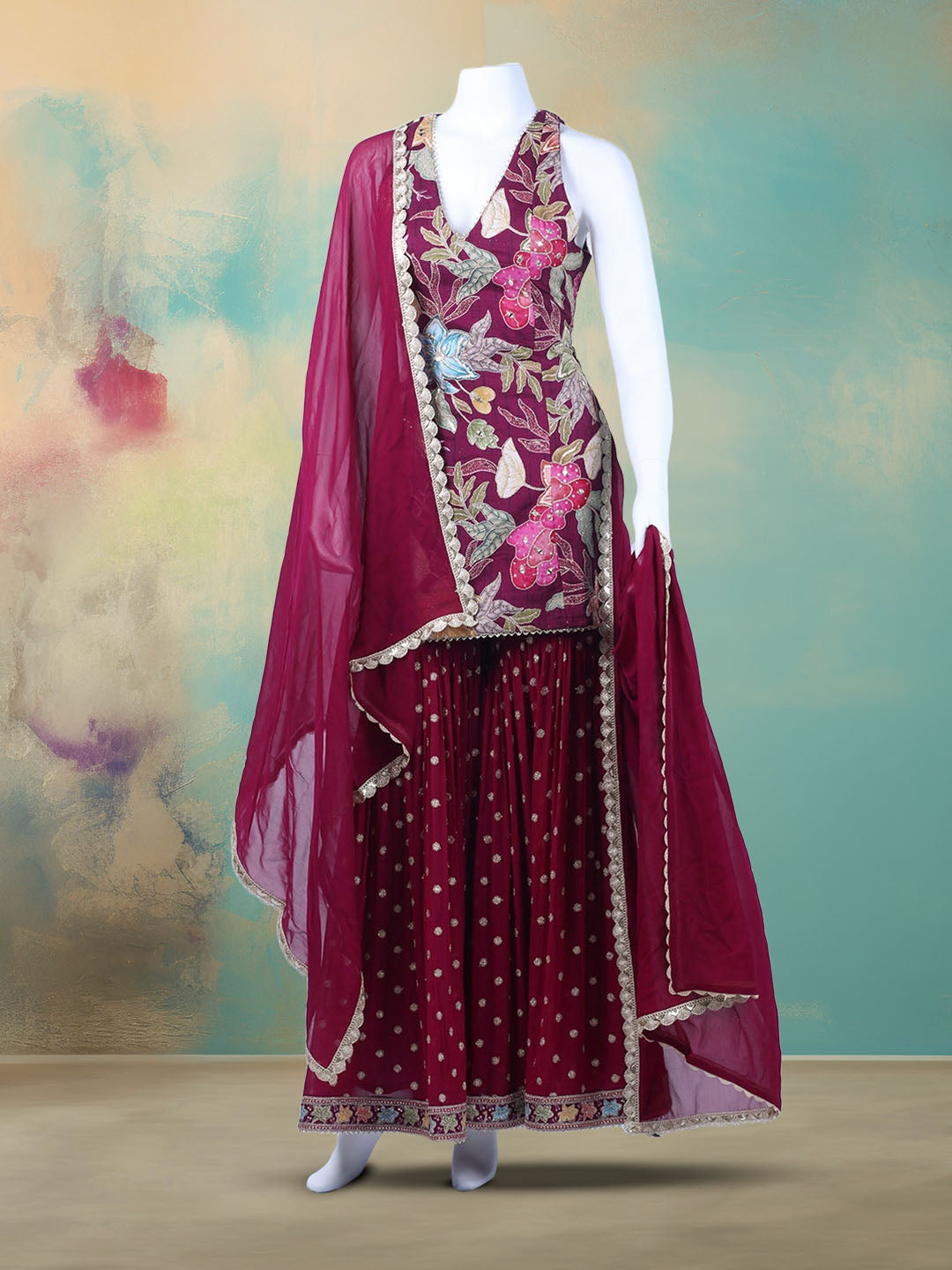 Embroidered Georgette Kurta With Garara &amp; Dupatta