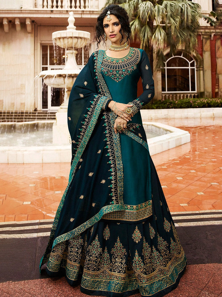 Embroidered Net Semi Stitched Suit With Pant &amp; Dupatta