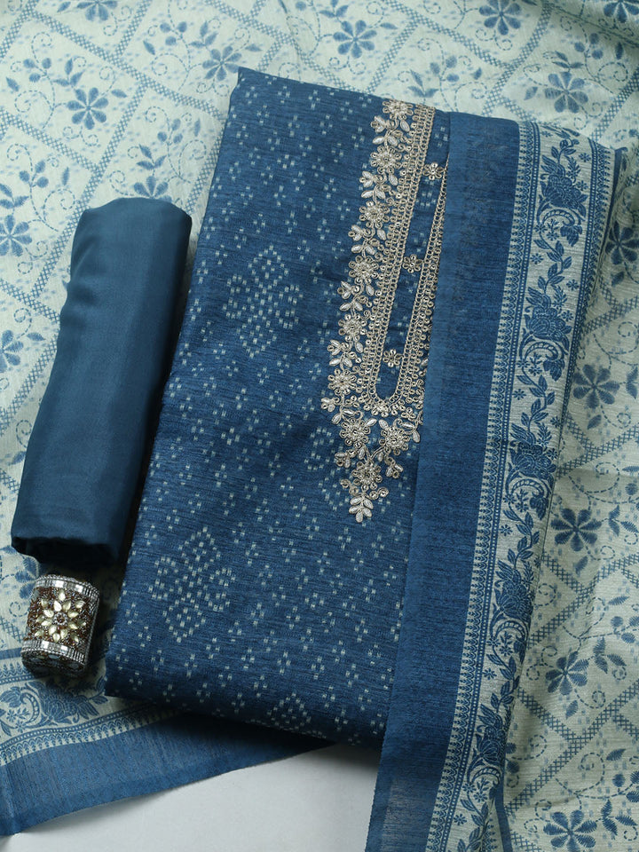 Embroidered Chanderi Unstitched Suit With Pant &amp; Dupatta