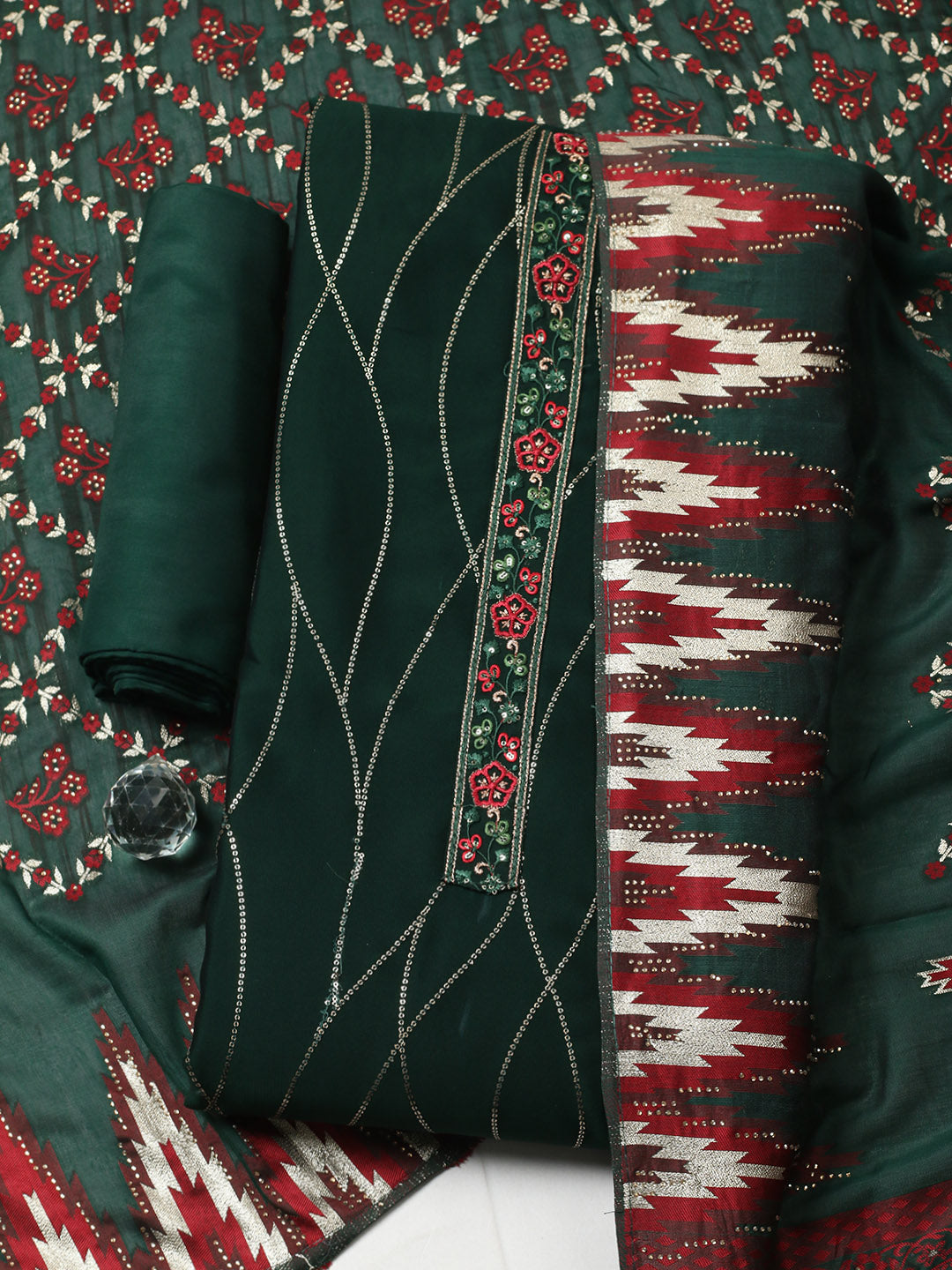 Embroidered Georgette Unstitched Suit With Pant &amp; Dupatta