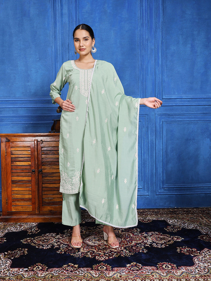 Printed Cotton Blend Kurta With Pants &amp; Dupatta
