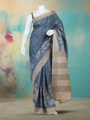 Printed Tussar Grey Saree