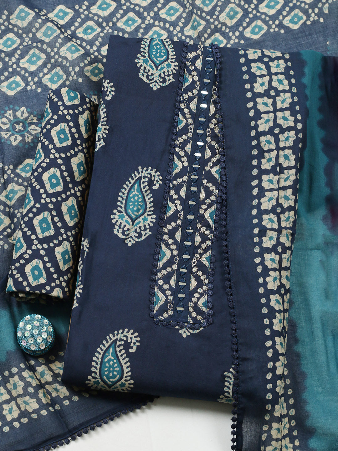 Embroidered Cotton Blend Unstitched Suit With Pant Dupatta