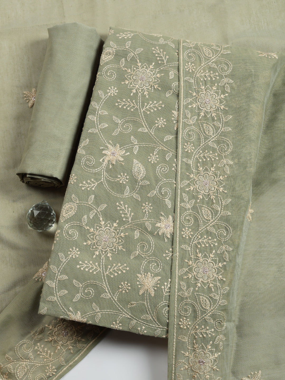 Embroidered Cotton Blend Unstitched Suit With Pant &amp; Dupatta