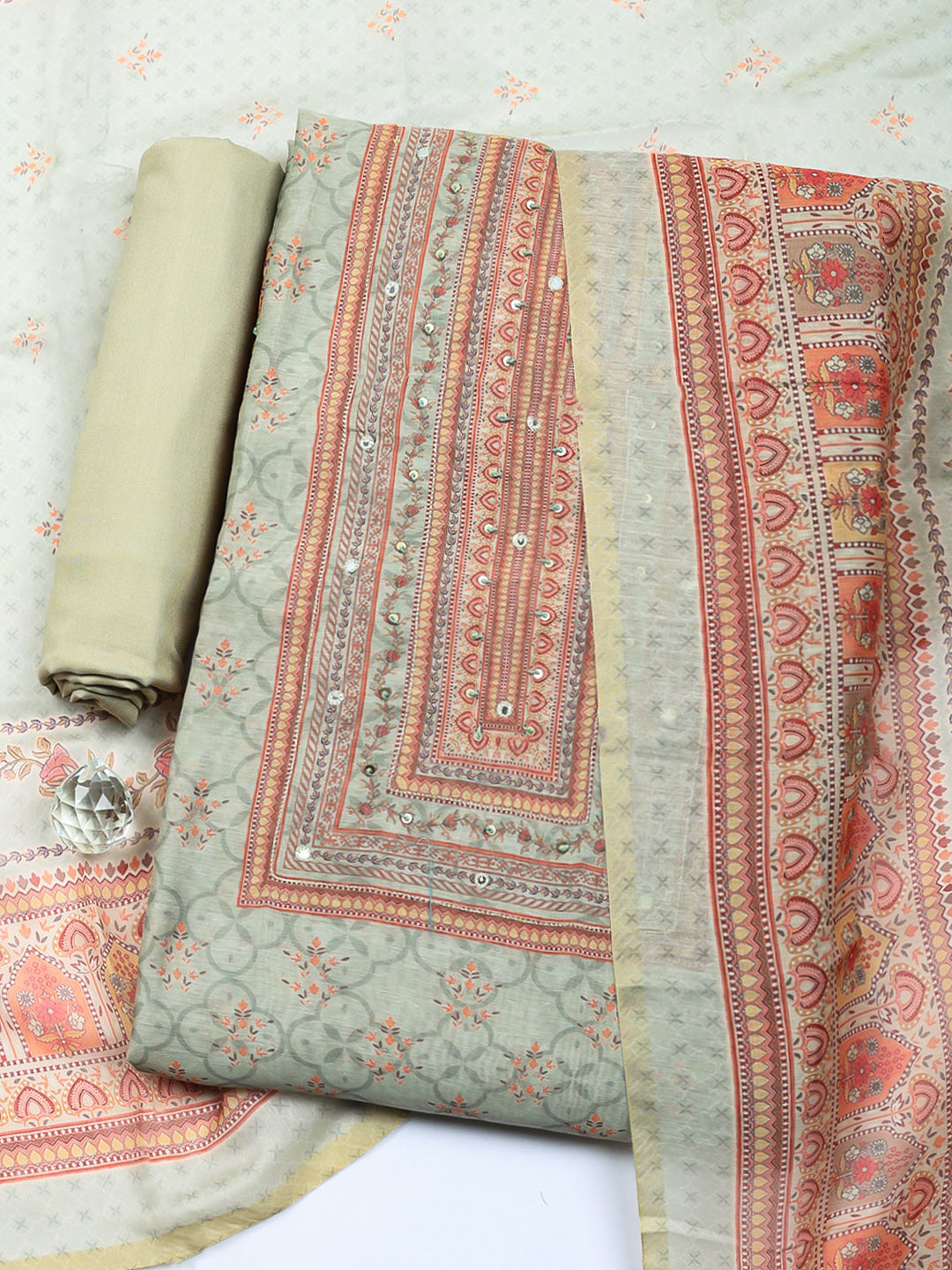 Embellished Chanderi Unstitched Suit With Pant &amp; Dupatta