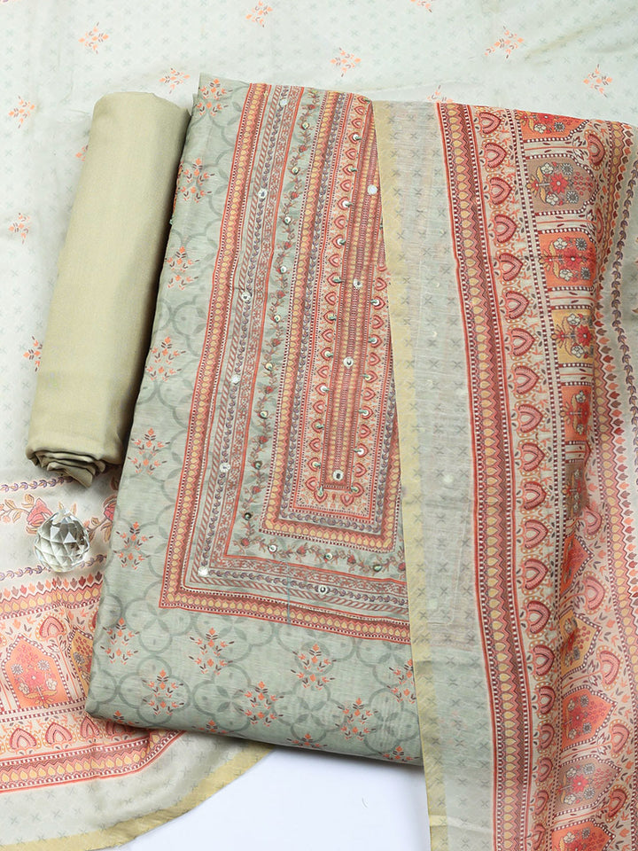 Embellished Chanderi Unstitched Suit With Pant &amp; Dupatta
