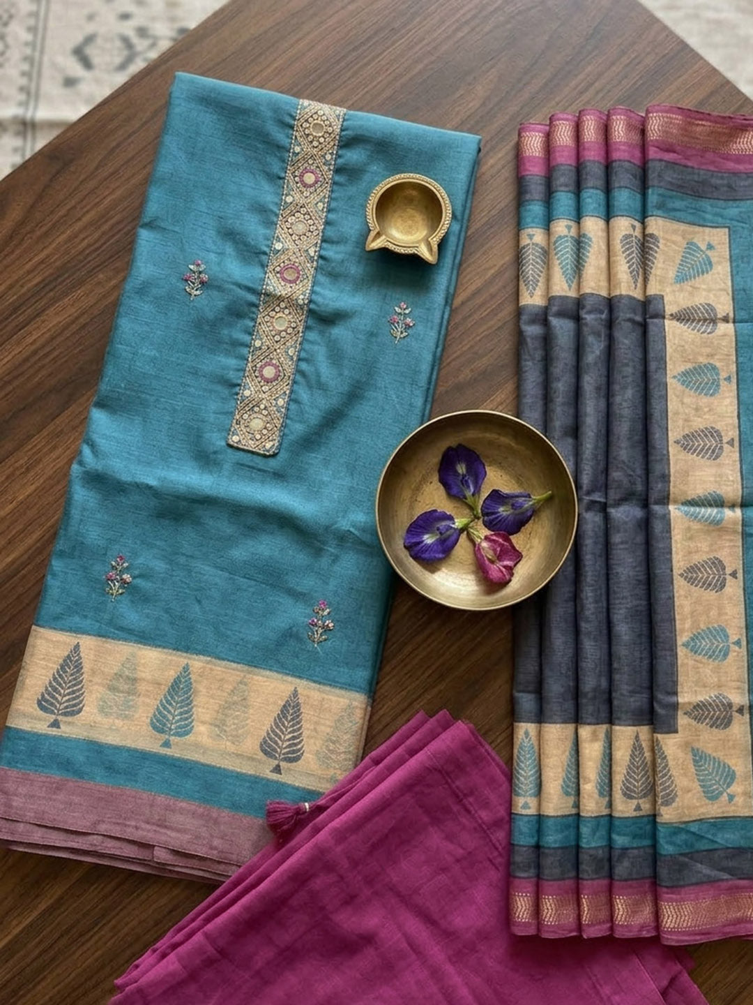 Embroidered Chanderi Unstitched Suit With Pant &amp; Dupatta