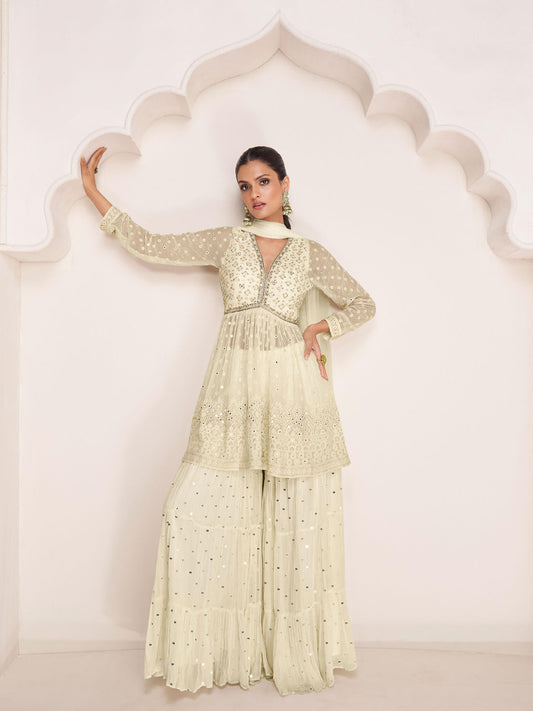 Embroidered Sequin Georgette Kurta With Sharara And Dupatta