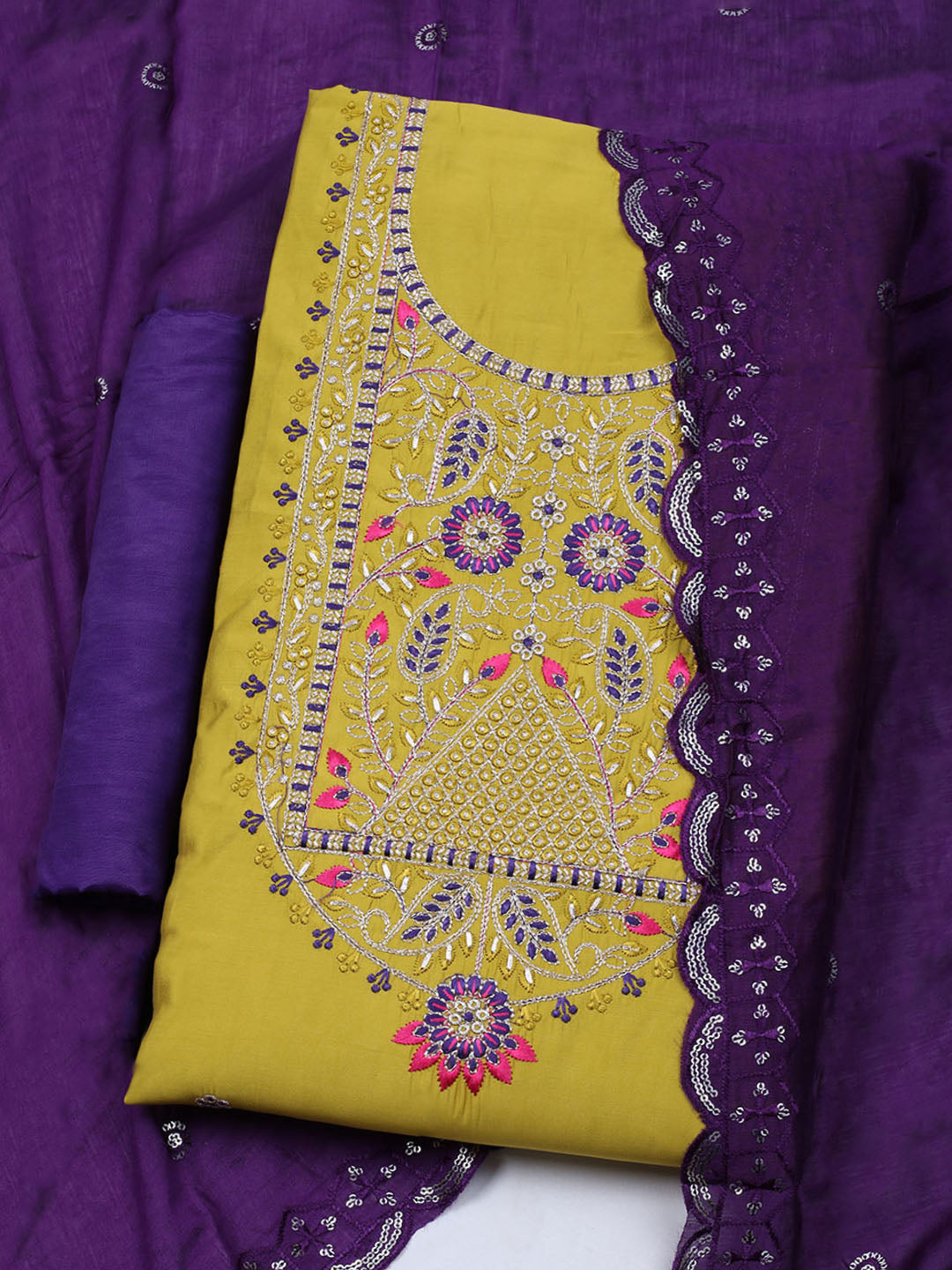 Embroidered Chanderi Unstitched Suit With Dupatta