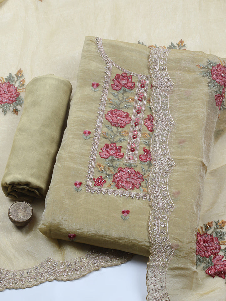 Embroidered Tissue Unstitched Suit With Pant &amp; Dupatta