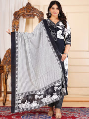 Floral Printed Cotton Blend Kurta With Pants & Dupatta