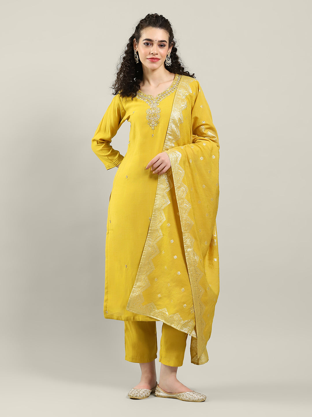 Printed Cotton Blend Kurta With Pants & Dupatta