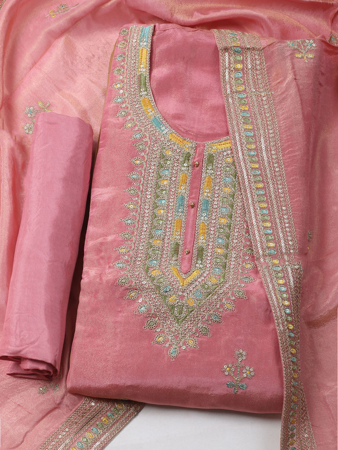 Embroidered Organza Unstitched Kurta With Pant &amp; Dupatta