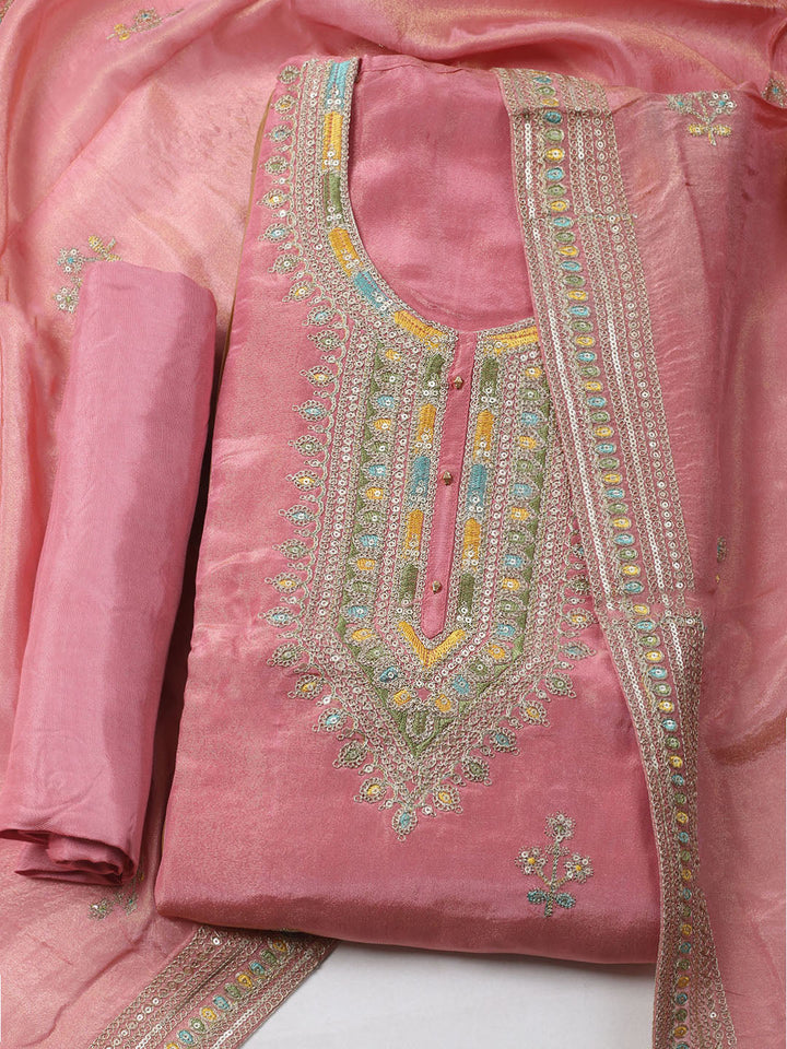 Embroidered Organza Unstitched Kurta With Pant &amp; Dupatta