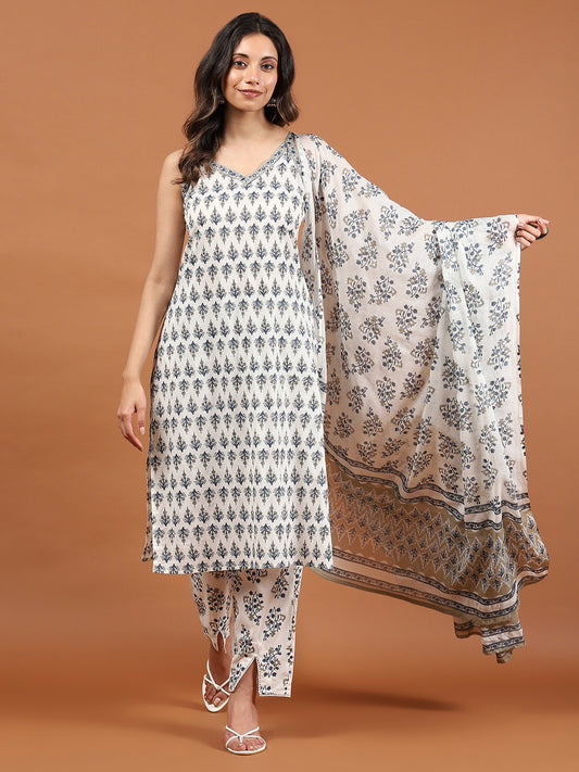 Printed Cotton Blend Kurta With Pants & Dupatta