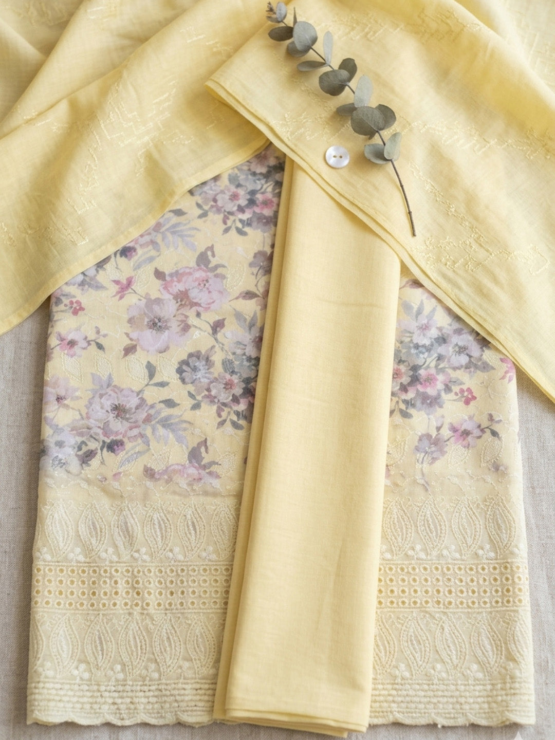 Printed Cotton Blend Unstitched Suit With Pant &amp; Dupatta