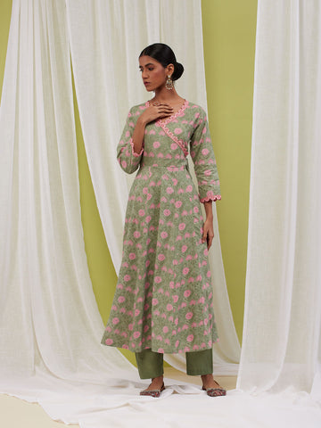 Floral Printed Cotton Anarkali Kurta With Pants