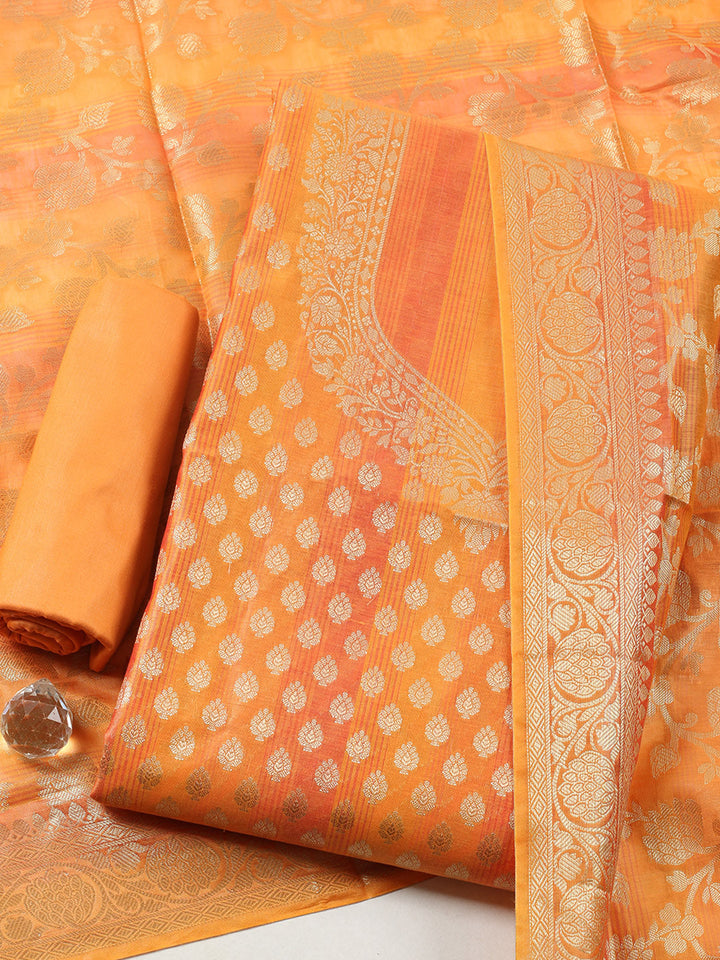 Woven Banarasi Chanderi Unstitched Suit With Dupatta